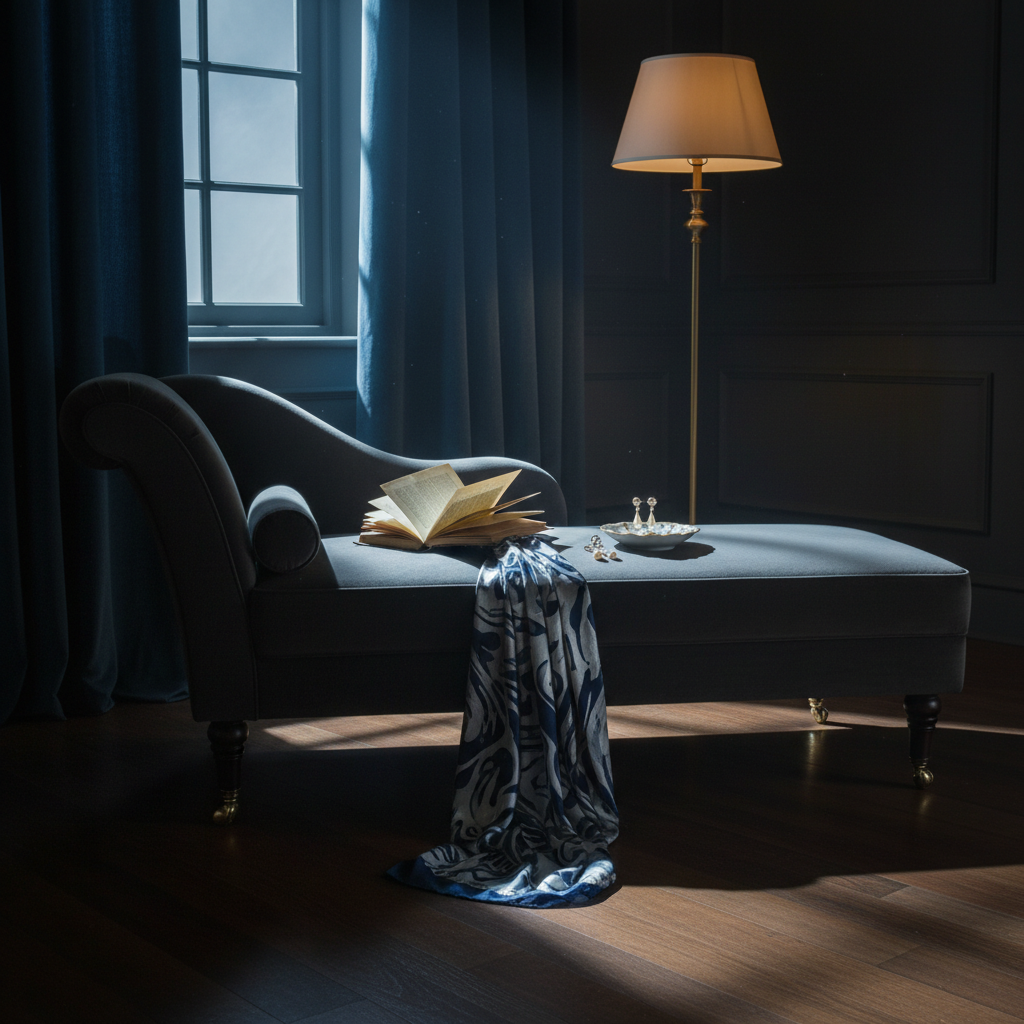 A luxurious chaise lounge upholstered in charcoal velvet positioned near a tall window with heavy, partially drawn curtains in midnight blue. On the chaise, an open antique book with yellowed pages, a silk scarf cascading from the edge, and a delicate porcelain dish holding a pair of pearl earrings. Moonlight streams through the window, mingling with the warm glow of a nearby floor lamp, creating layered shadows and silver highlights on the fabric. Captured in photographic realism from a three-quarter angle, the composition uses the rule of thirds to frame the lounge and window, evoking a moody, sophisticated ambiance filled with implied sensuality.