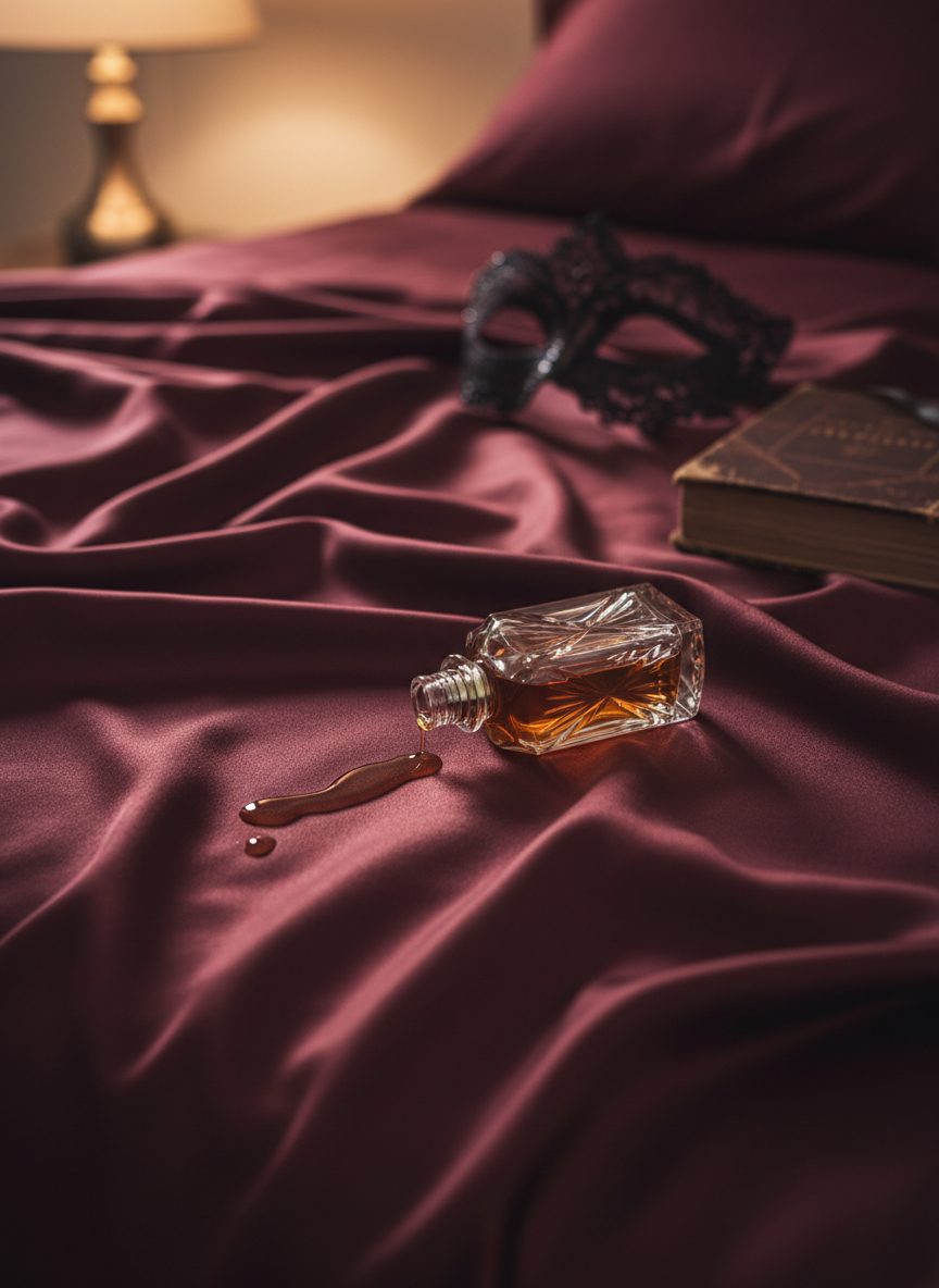 A close-up of a satin-covered bed corner, featuring deep burgundy sheets with a subtle sheen, slightly rumpled to suggest recent movement. A single crystal-cut glass perfume bottle lies on its side, a thin trail of spilled amber liquid glistening on the fabric. In the background, out of focus, a black lace mask rests near a leather-bound journal. Warm, low lamplight from the left creates soft highlights on the satin and glass, casting long, inviting shadows. Photographic realism with a shallow depth of field, composed at a slightly elevated angle, conveying a sophisticated, sensual atmosphere without revealing any human presence.
