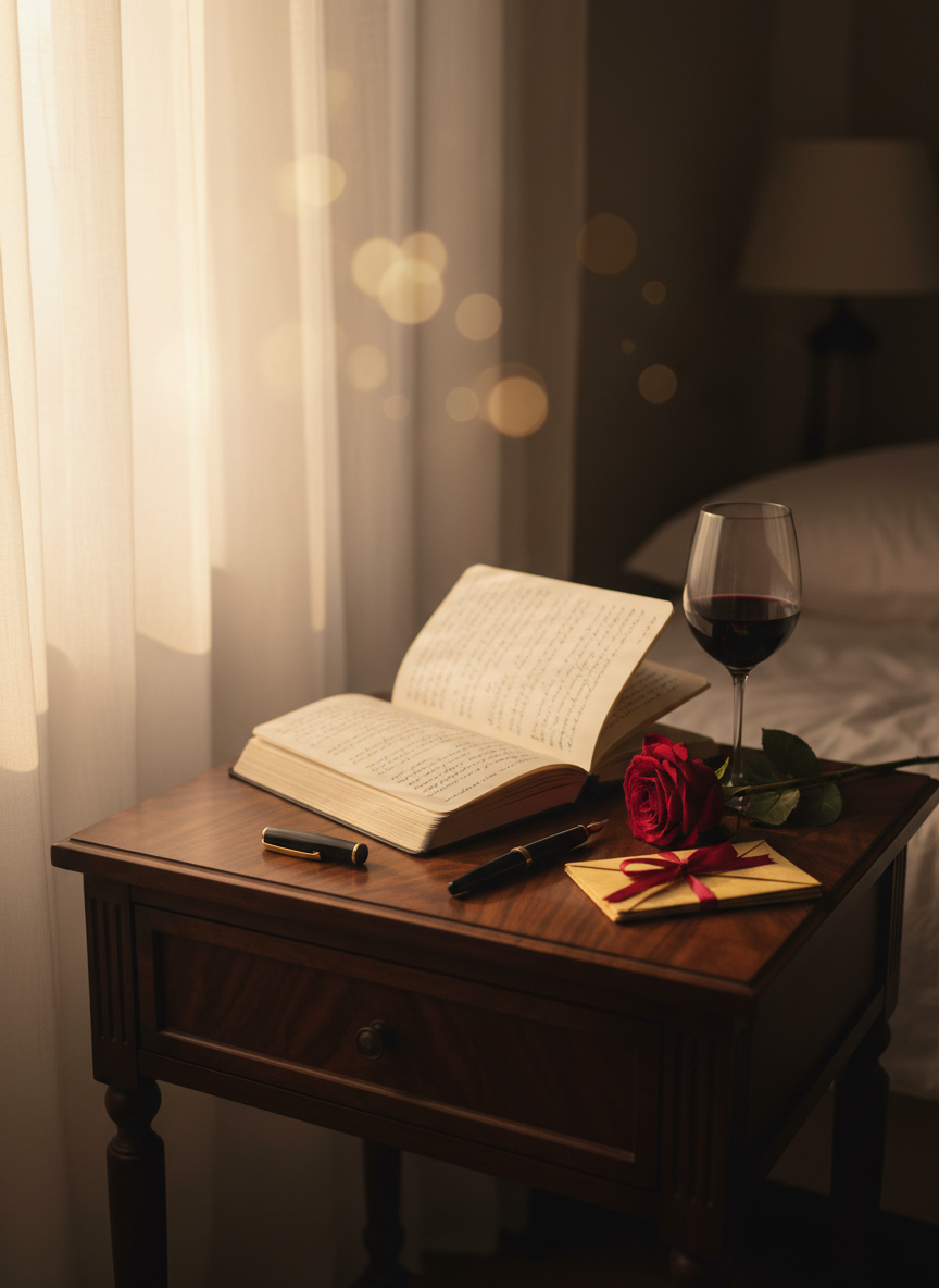 An elegantly set bedside table in a dimly lit room, featuring a dark walnut surface with a fine grain. A thick, cream-colored notebook lies open, its pages filled with handwritten lines, accompanied by a sleek black fountain pen and a small stack of vintage love letters tied with a silk ribbon. A single deep red rose, petals slightly wilted, rests beside a half-finished glass of red wine. Soft golden hour light filters through sheer curtains in the background, creating bokeh highlights. Photographic realism, eye-level composition, intimate and contemplative mood, emphasizing the quiet anticipation of sensual stories waiting to be told.